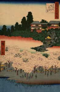 Утагава Хиросигэ Павильоны цветов и сад на склоне Дангодзака в квартале Сэндаги. Серия "100 знаменитых видов Эдо"
